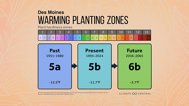 An infographic showing warming changes in planting zones since 1951 in Des Moines.