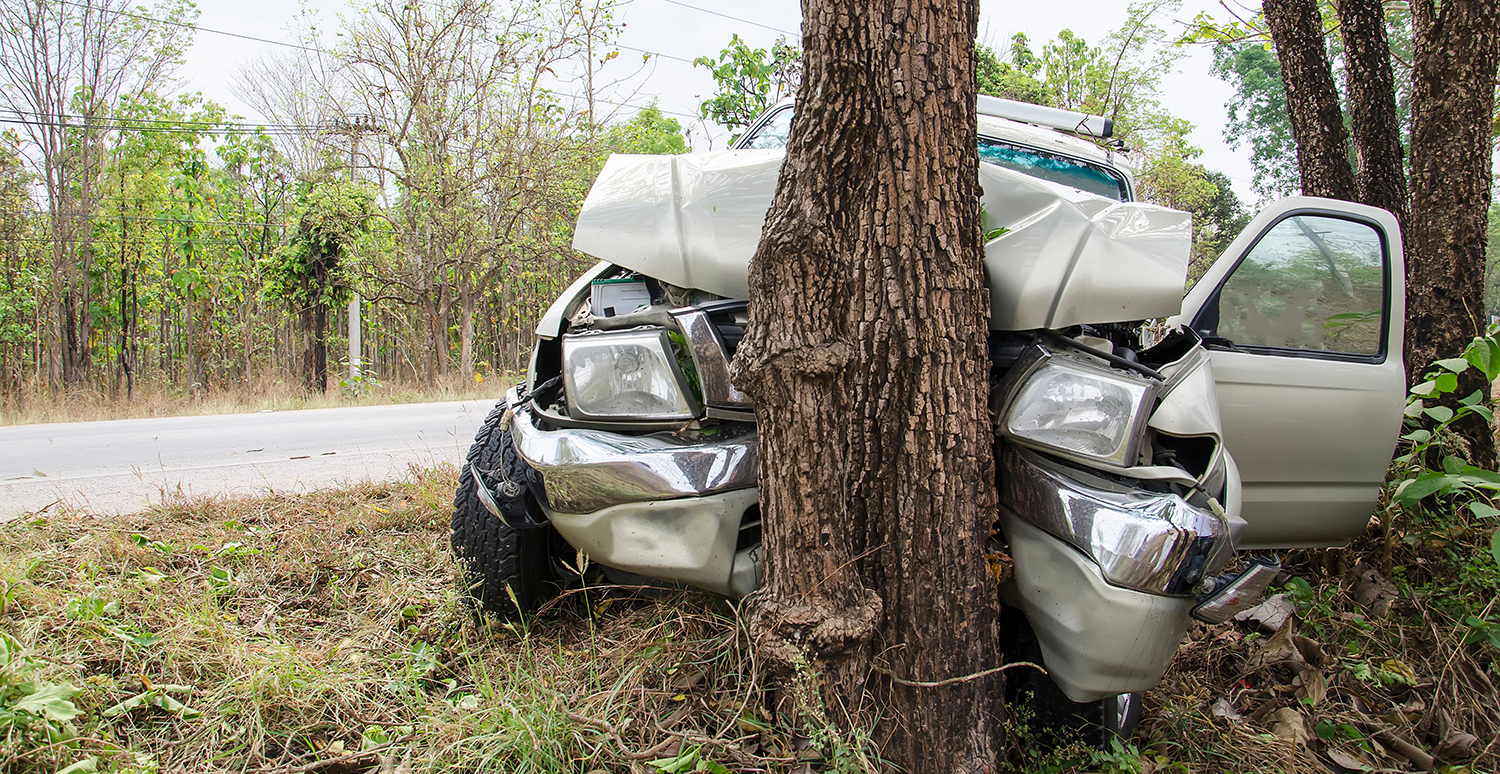 The front of a vehicle with considerable damage that has crashed into a tree in the roadside.