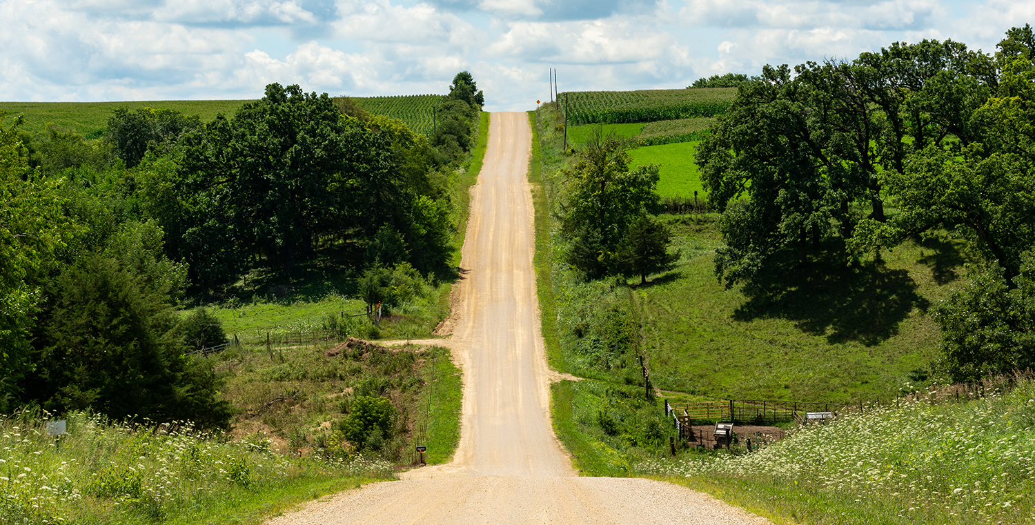 A dusty gravel road runs through a green landscape of roadside, trees, and farmland.
