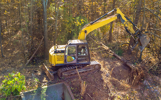 A yellow excavator with a large mechanical arm with a gripping fixture on the end.