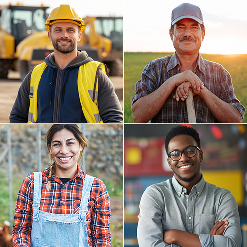 A man wearing a safety vest and hard hat, a man wearing flannel and a hat standing in a farm field, a woman wearing flannel holding a potted plant, and male teacher in a classroom.