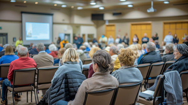 Citizens sitting in chairs at a local government meeting.