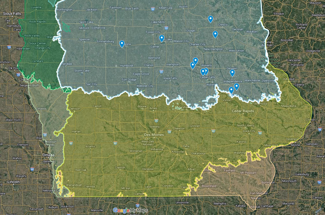 A map showing 11 collection locations of Virginia strawberry on a base map of the US Forest Service Generalized Provisional Seed Transfer Zones