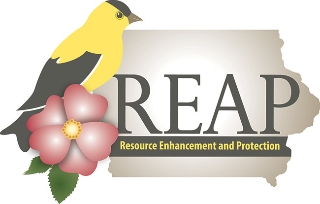 The Resource Enhancement and Protection logo, with a yellow and black bird perched on pink flower, next to an outline of the state.