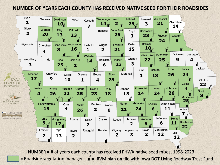 A map of Iowa showing the number of years each county has received native seed for their roadsides.