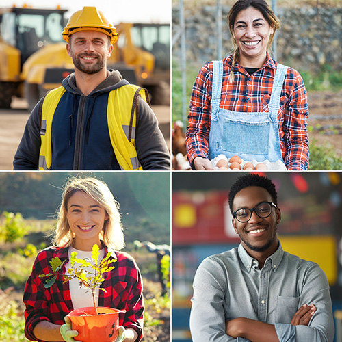 A man wearing a safety vest and hard hat, a woman wearing flannel and overalls on a farm, a woman wearing flannel holding a potted plant, and male teacher in a classroom.