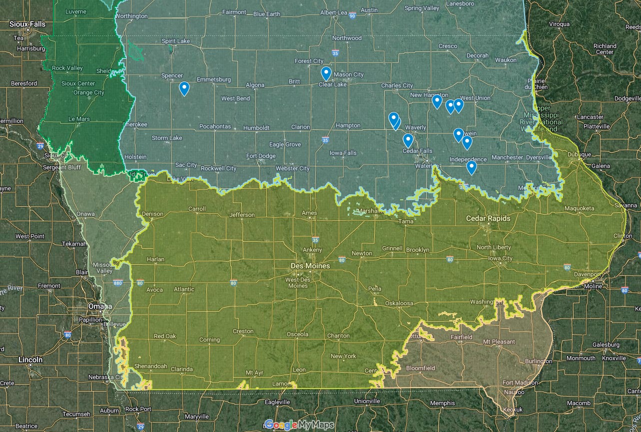 Map of Iowa showing seed transfer zones and pins with locations of 11 remnant prairies in northern Iowa