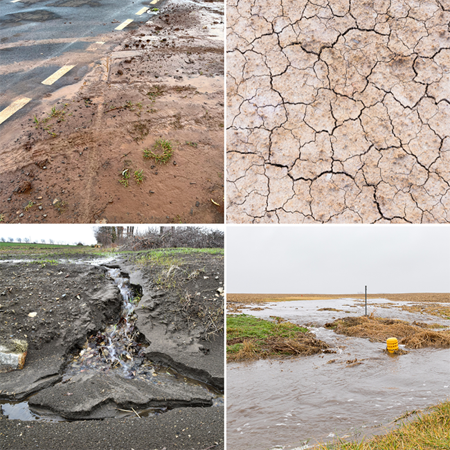 Images of mud next to a road, dirt with cracks, a deepening channel of erosion flowing downhill, and a larger channel of flood water.