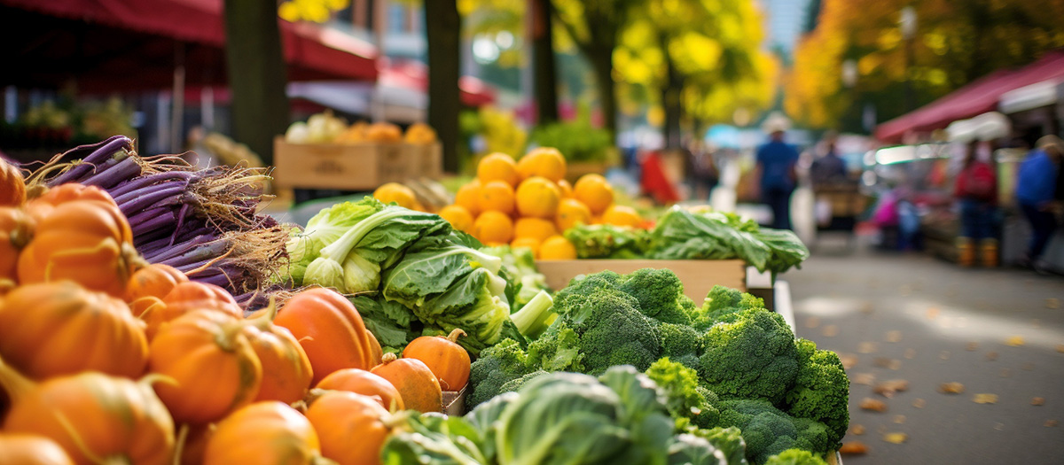 Produce including pumpkins, lettuce, and broccoli in bins at a fall festival.