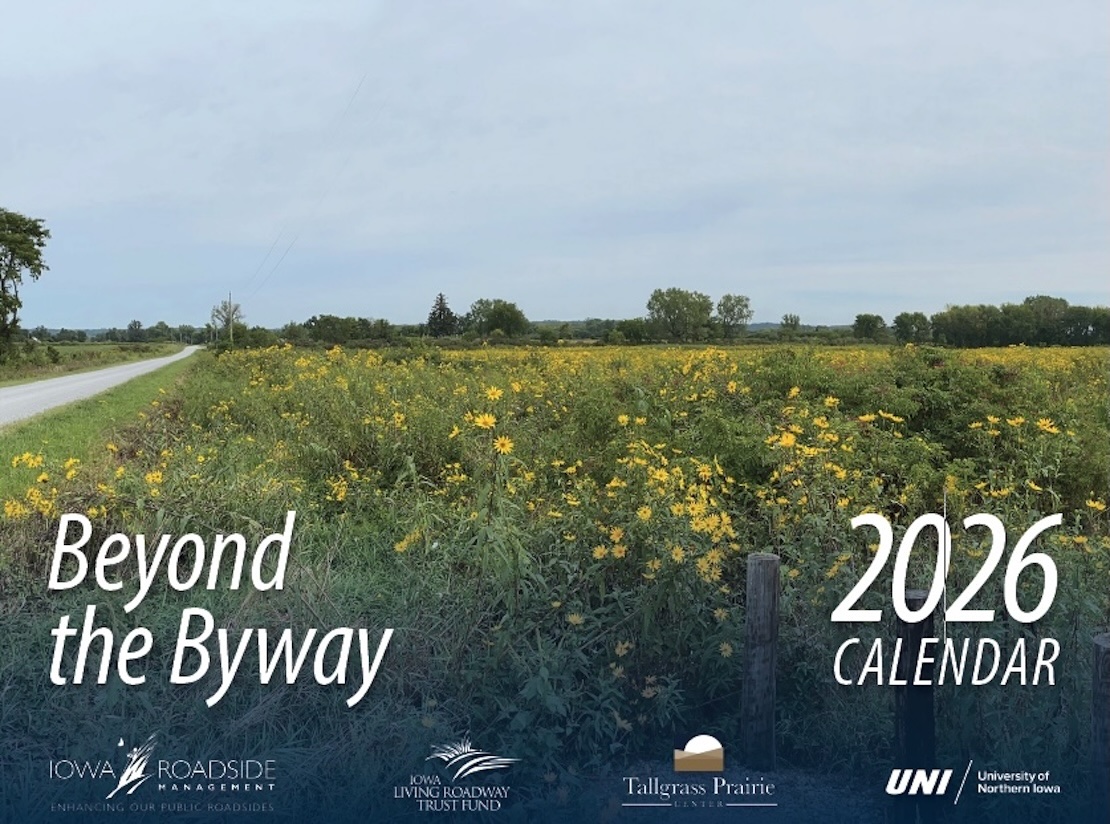 Cover image of a prairie on a sunny day with many yellow flowers. The title of the calendar is Beyond the Byway 2026 Calendar